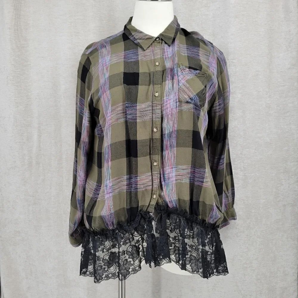 Upcycled Green Flannel Black Lace Button Down Shirt Women's Plus Size 26/28W
